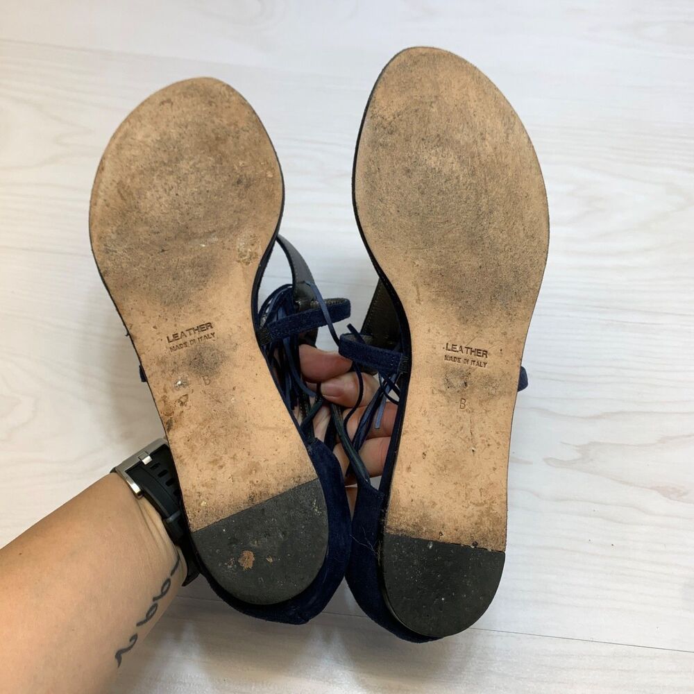 Tibi Fringe Thong Sandals Womens Size 9B Navy Blue Suede Leather - Picture 9 of 12